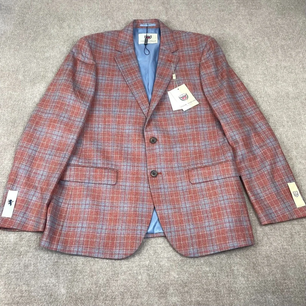 Thom Hudson Blazer Sport Coat Mens 42R Raspberry Plaid Wool Silk Notch Lapel